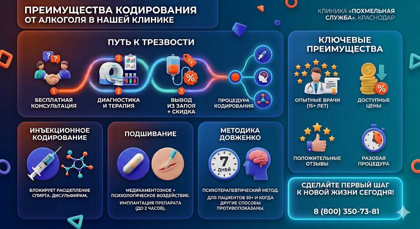 Инфографика о методах кодирования от алкоголя в Омутинском: инъекции, подшивание, метод Довженко. Преимущества клиники и этапы лечения.
