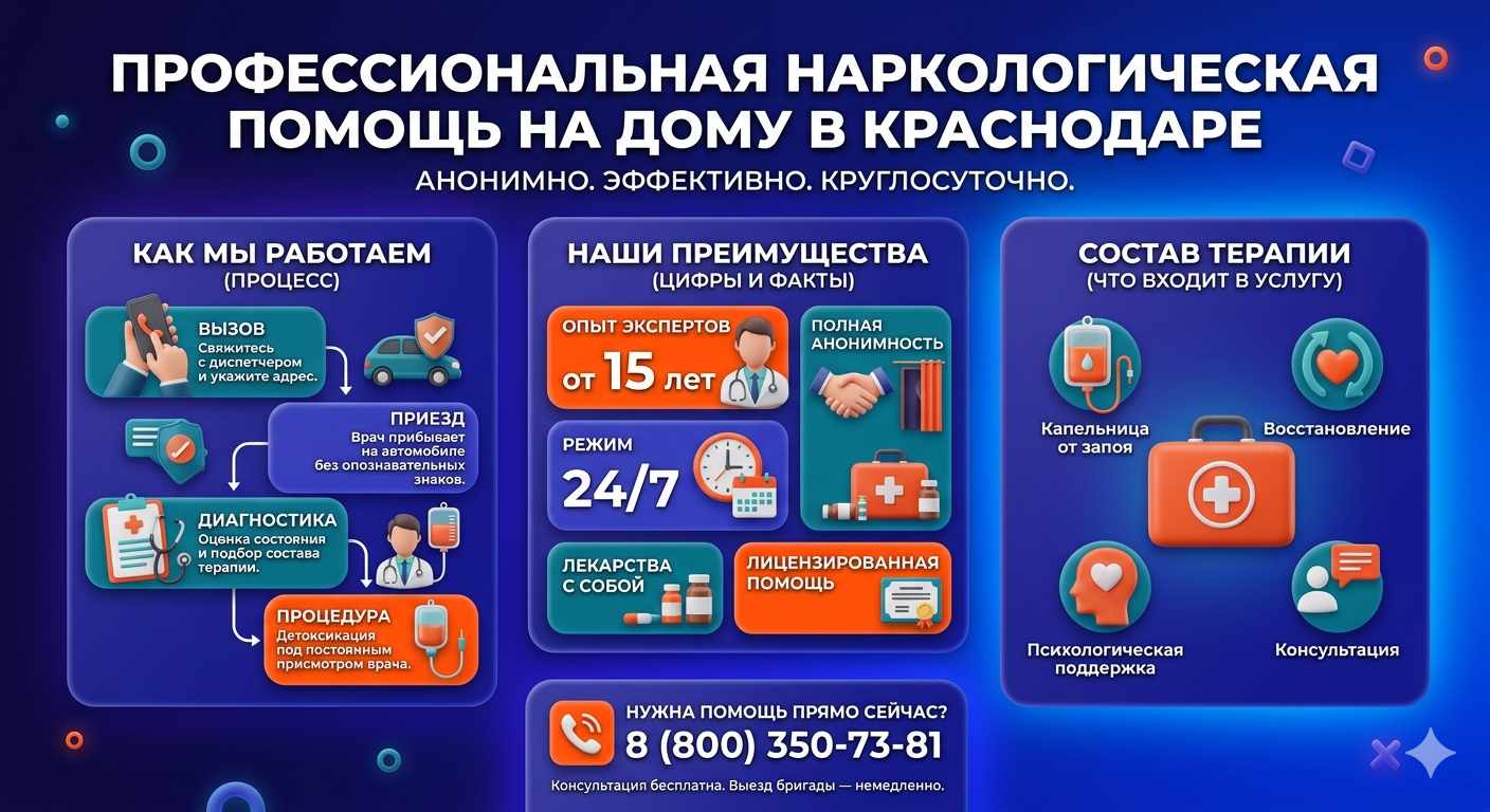 Инфографика о принципах лечения алкоголизма на дому в Омутинском: этапы вызова нарколога, преимущества анонимной детоксикации и состав медицинской помощи.